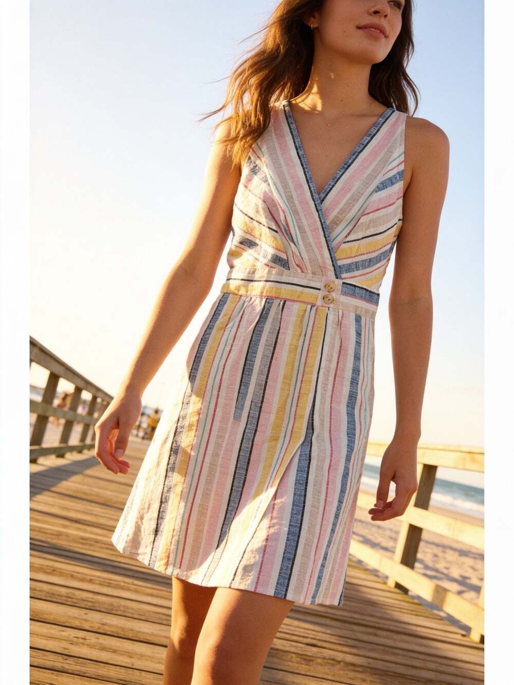 Ophelia Roe Women's Sleeveless Striped Linen Blend V-Neck Dress M